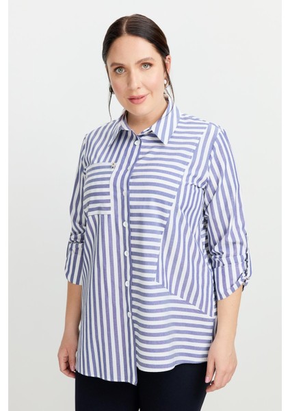 Büyük Beden Soyut Çizgi Gömlek-Indigo