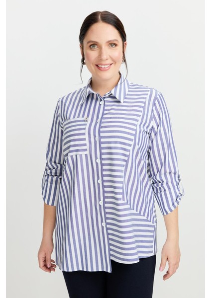 Büyük Beden Soyut Çizgi Gömlek-Indigo