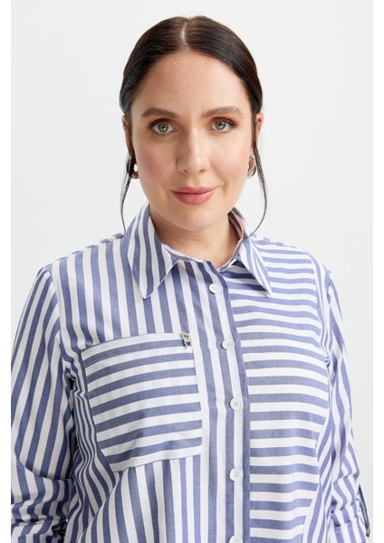 Büyük Beden Soyut Çizgi Gömlek-Indigo