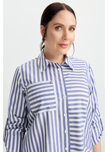 Büyük Beden Soyut Çizgi Gömlek-Indigo