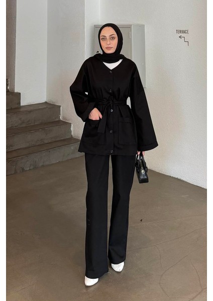Kuşaklı Gabardin Takım Siyah