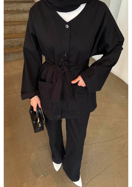 Kuşaklı Gabardin Takım Siyah modelleri