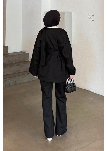 Kuşaklı Gabardin Takım Siyah fırsatları