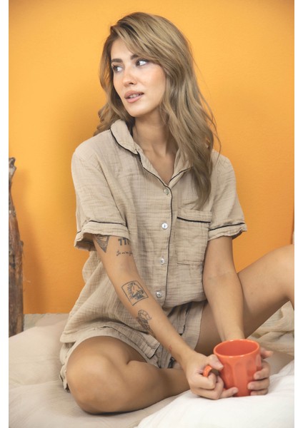 %100 Pamuk Müslin Kadın Şortlu Pijama & Ev Giyim Takımı – Bej