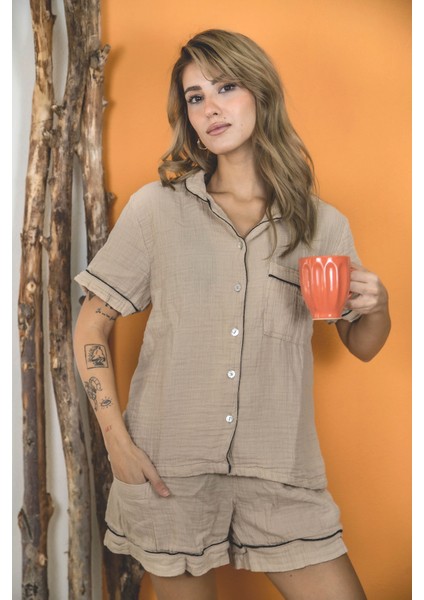%100 Pamuk Müslin Kadın Şortlu Pijama & Ev Giyim Takımı – Bej fiyatları