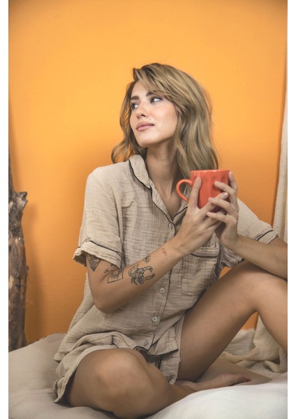 %100 Pamuk Müslin Kadın Şortlu Pijama & Ev Giyim Takımı – Bej modelleri