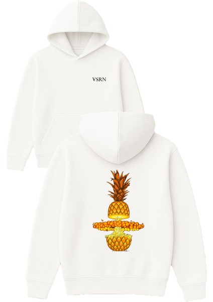 Atom Ananas Tasarım Baskılı Oversize Beyaz Kapüşonlu Sweatshirt