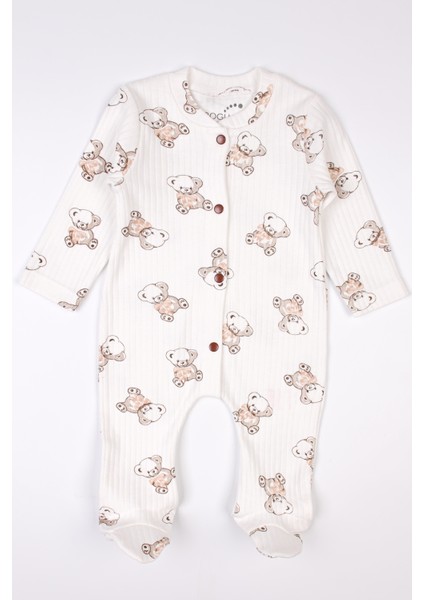 Yenidoğan Patikli Tulum Ayıcık Baskılı Çıtçıtlı Bebek Tulumu