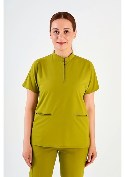 Kadın Doktor & Hemşire Forma Takımı Likralı– Yağ Yeşili Scrubs Üst ve Pantolon Seti Likralı indirimleri