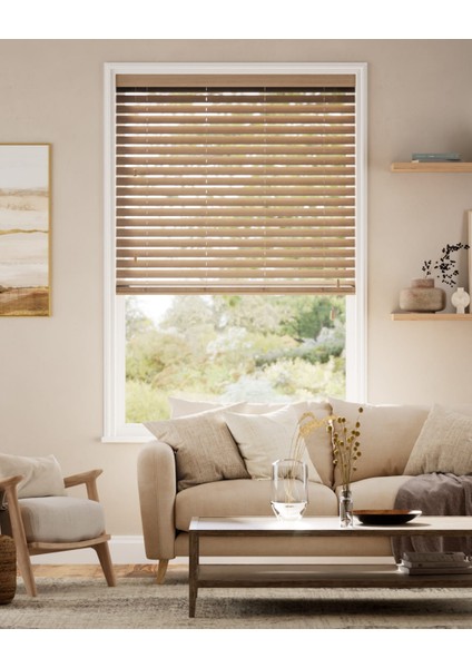 Wooden Blinds %100 Doğal Ahşap Jaluzi Perde 50MM,ALÜMINYUM Kasalı - Cappuccino Meşe Kurdelasız modelleri