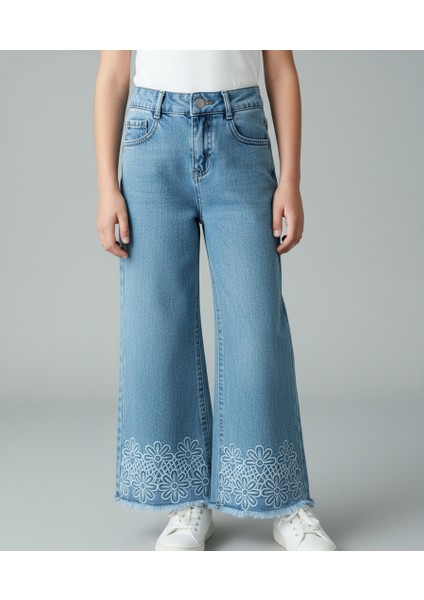 Dantel Nakışlı Kot Pantolon Kız Çocuk