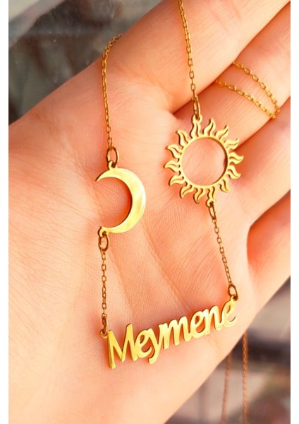 925 Ayar Gümüş 24 Ayar Altın Kaplama Ay ve Güneş Figürlü Isimli Kolye