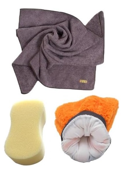 Way Oto Yıkama Araba Kurulama Araç Cam Temizlik 3'lü Mikrofiber Bez, Eldiven ve Sünger Yıkama Seti