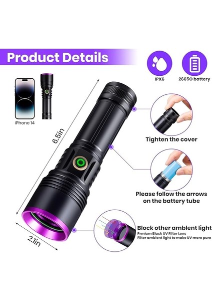 365NM Profesyonel Güçlü Mor Uv Işık El Feneri Evcil Hayvan Idrarı Tespiti, Para Kontrol, Kıymetli Evrak fiyatları