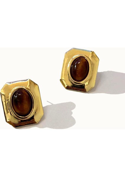 Gold Detaylı Renkli Taşlı Kare Çelik Vintage Küpe
