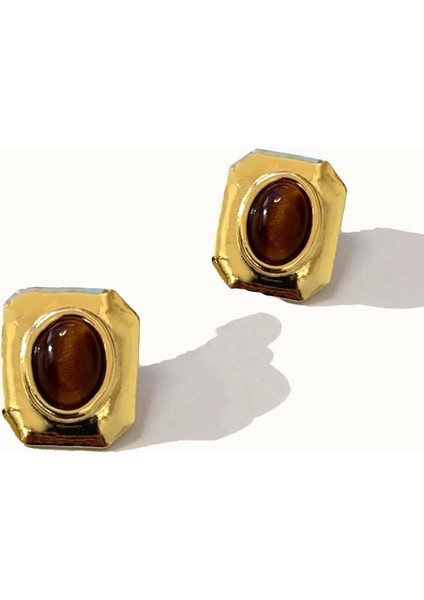 Gold Detaylı Renkli Taşlı Kare Çelik Vintage Küpe fiyatları