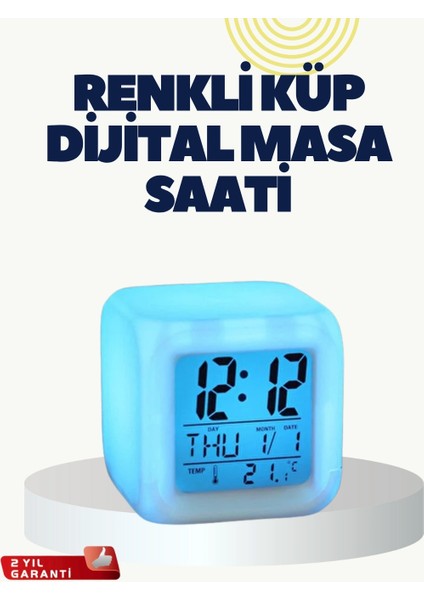 Buğz Termometre ve Takvim Özellikli 7 Renk Değiştiren Küp Alarm Saati