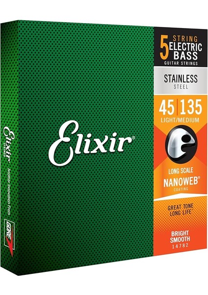 Teller Paslanmaz Çelik 5 Telli Nanoweb® Kaplamalı E-Bas Teller, Long Scale, Light/medium (.045-.135)