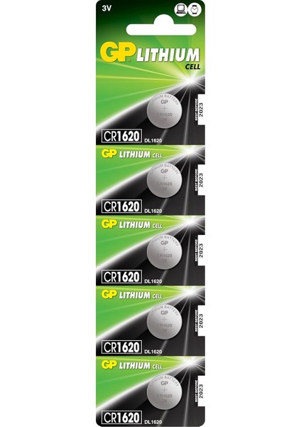 B Atteries CR1620 1620 Boy Lityum Düğme Pil, 3 Volt, 5&apos;li Kart, Gri