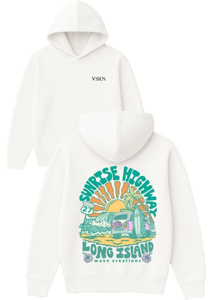 Sunrıse Hıghway Tasarım Baskılı Oversize Beyaz Kapüşonlu Sweatshirt