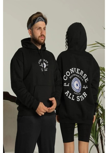 Unisex Oversize Üç Iplik Şardonlu Kapüşonlu Sweatshirt – All Star Ön ve Arka Baskılı, Kanguru Cepli, Rahat Kalıp Kışlık Model - Siyah