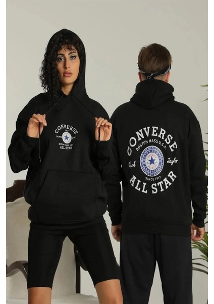 Unisex Oversize Üç Iplik Şardonlu Kapüşonlu Sweatshirt – All Star Ön ve Arka Baskılı, Kanguru Cepli, Rahat Kalıp Kışlık Model - Siyah fırsatları