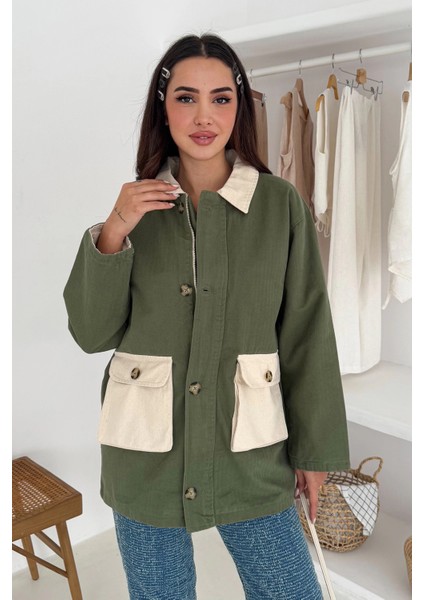 Körüklü Cep Detaylı Yağmur Gabardin Ceket Yeşil