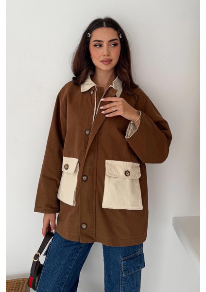 Körüklü Cep Detaylı Yağmur Gabardin Ceket Kahverengi