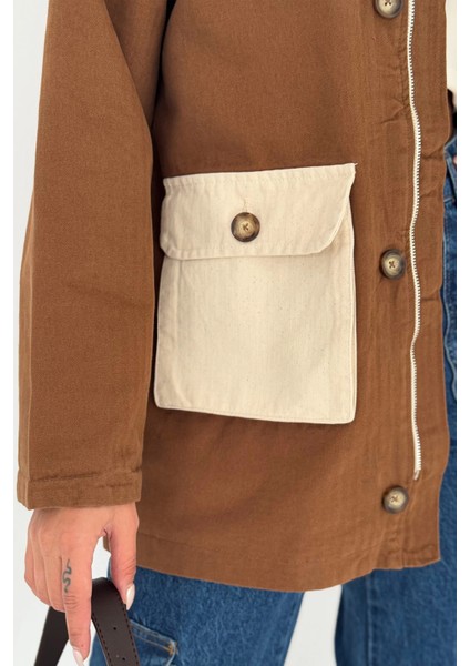 Körüklü Cep Detaylı Yağmur Gabardin Ceket Kahverengi indirimleri