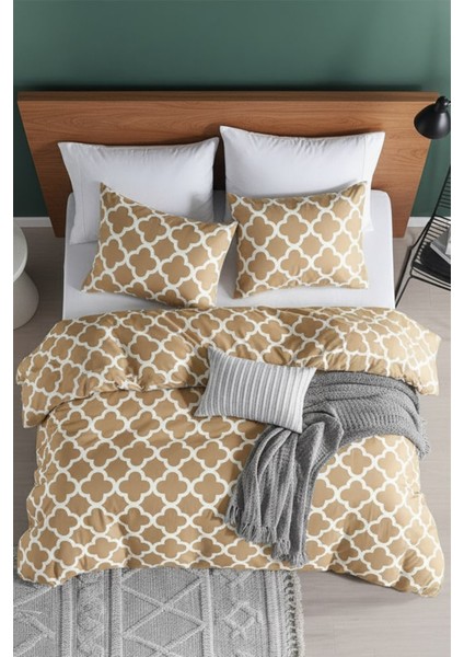 Honeycomb Beige Ranforce %100 Pamuk Tek Kişilik Nevresim Takımı Lastikli Çarşaflı