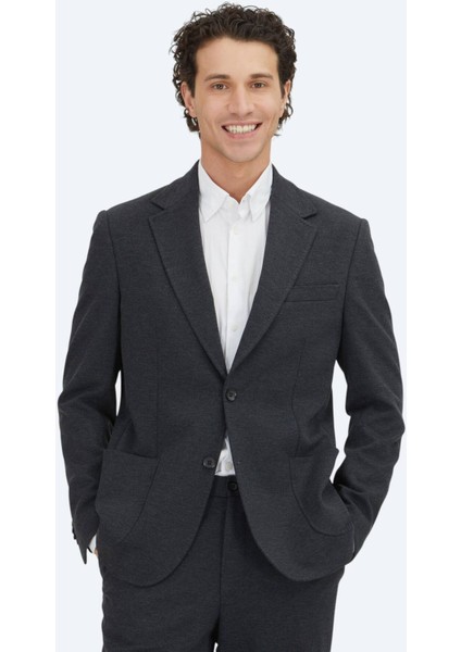 Antrasit Düz Modern Fit Pamuk Karışımlı Örme Takım Elbise