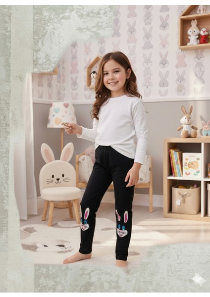 Ideal Sepet Tavşan Nakışlı %100 Pamuk Kız Çocuk Tayt