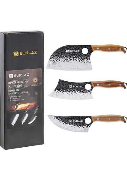 Bıçak Seti – 3’lü Et ve Mutfak Bıçağı: Sırp Şef Bıçak, Satır Bıçağı, Viking Bıçak – Ergonomik Ahşap Saplı, El Dövmesi Desenli, Paslanmaz Çelik