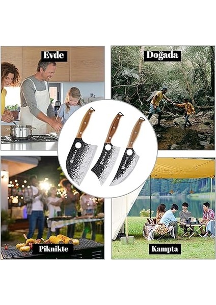 Bıçak Seti – 3’lü Et ve Mutfak Bıçağı: Sırp Şef Bıçak, Satır Bıçağı, Viking Bıçak – Ergonomik Ahşap Saplı, El Dövmesi Desenli, Paslanmaz Çelik modelleri