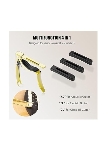 C3 Gitar Kapo, 4'ü 1 Arada Gitar Capo ve Köprü Pimi Çekici, Gitar Kaposu Için Akustik Gitar Elektro Gitar Klasik Gitar Bas Gitar Ukulele Banjo Mandolin, 3 Silikon Kafa, Gitar Aksesuarı, Altın fiyatları