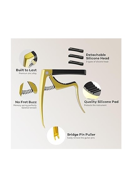 C3 Gitar Kapo, 4'ü 1 Arada Gitar Capo ve Köprü Pimi Çekici, Gitar Kaposu Için Akustik Gitar Elektro Gitar Klasik Gitar Bas Gitar Ukulele Banjo Mandolin, 3 Silikon Kafa, Gitar Aksesuarı, Altın fırsatları