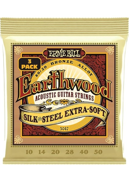 Ball Earthwood Ipek ve Çelik Ekstra Yumuşak Akustik Gitar Telleri 80/20 Bronz 3 Paket Ölçer 10-50