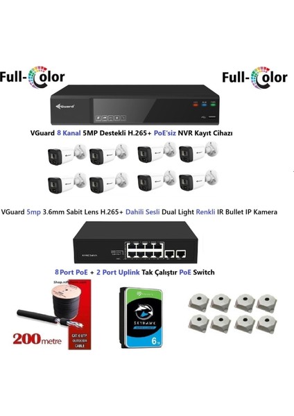 Nif Bilişim Vguard 5mp Dahili Sesli ve Gece Renkli 8 Kameralı Tak Çalıştır Hazır Ip Kamera Seti 6tb Disk