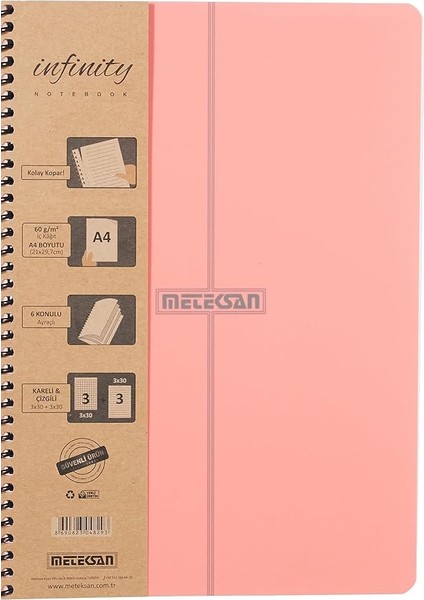 Infinity Pastel Serisi, A4, 6 Konulu (3 Kareli, 3 Çizgili) 180 Yaprak Pp Kapaklı Spiralli Defter, Pembe