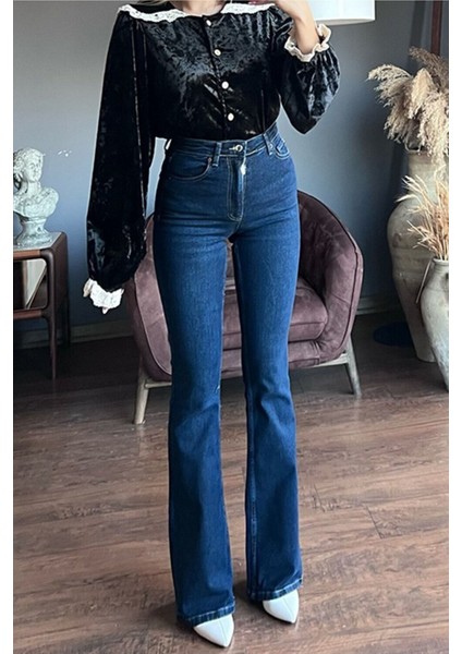 jean Kadıncandykadın Lacivert Süper Yüksek Bel Likralı Flare Ispanyol modelleri