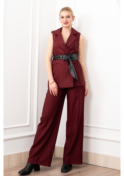 Deri Kuşak Kemerli Yelek ve Cepli Pantolon Takım 1282