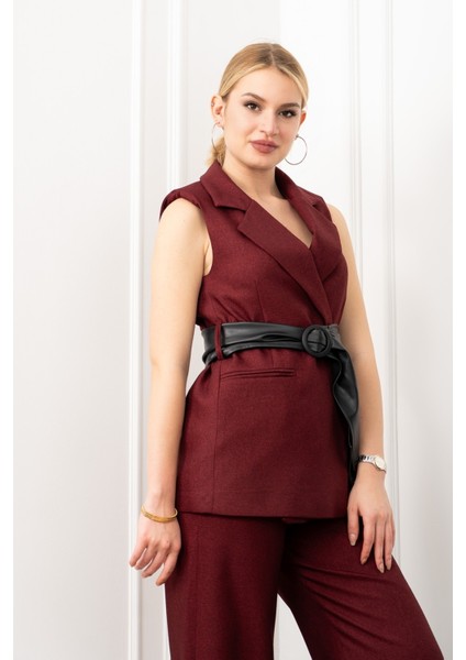 Deri Kuşak Kemerli Yelek ve Cepli Pantolon Takım 1282 fırsatları