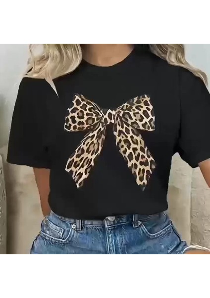 Leopar Desenli Fiyonklu Tişört - Rahat Polyester, Makinede Yıkanabilir, Bisiklet Yaka, Kadınlar Için Yazlık Günlük Üst - Siyah