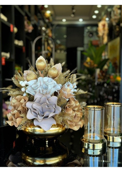 Yapay Çiçekli Gold Yassı Vazo 3 Parça Set No:15