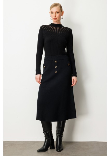 Kadın Düğmeli Triko Etek 65207 Siyah