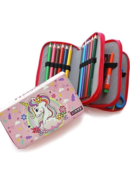 Kalem Kutusu Unicorn Bahar Temalı Kawai Organizer Kalemkutu Vegan Deri Üç Bölmeli Kalemlik- Pembe modelleri