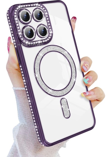 Xiaomi Mi 14T Pro Kılıf Simli Taşlı Lens Korumalı Arkası Şeffaf Kenarı Renkli Parlak Magsafe Kapak