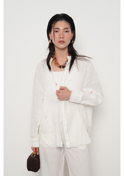 Kadın %100 Keten Hakim Yaka Ip Detaylı Gömlek