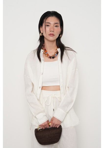 Kadın %100 Keten Hakim Yaka Ip Detaylı Gömlek fiyatları