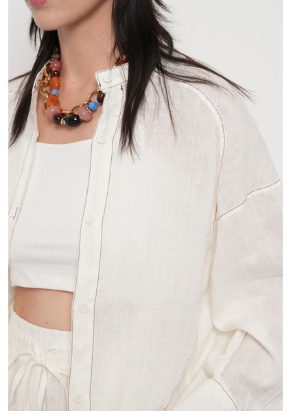 Kadın %100 Keten Hakim Yaka Ip Detaylı Gömlek modelleri